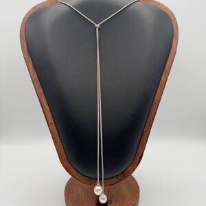 Cultured Pearl Lariat Necklace Sterling Silver 14kt Italy Long 36”